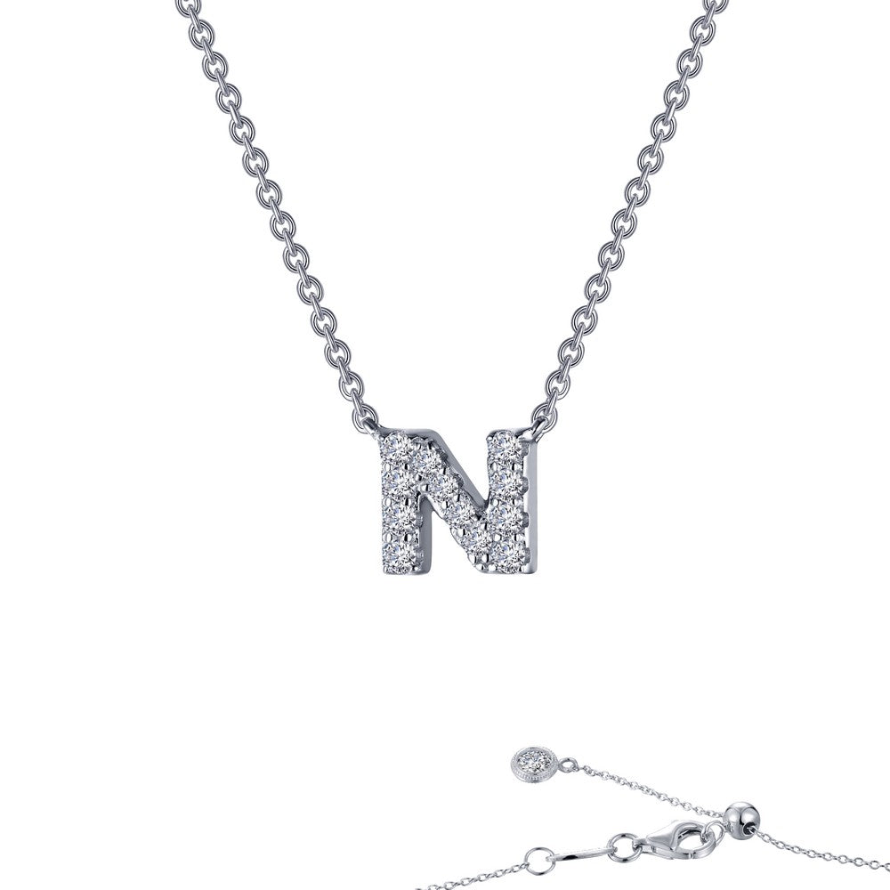 Lassaire Platinum Coated Sterling Silver Block Letter N Necklace with 0.41 Carat Diamonds