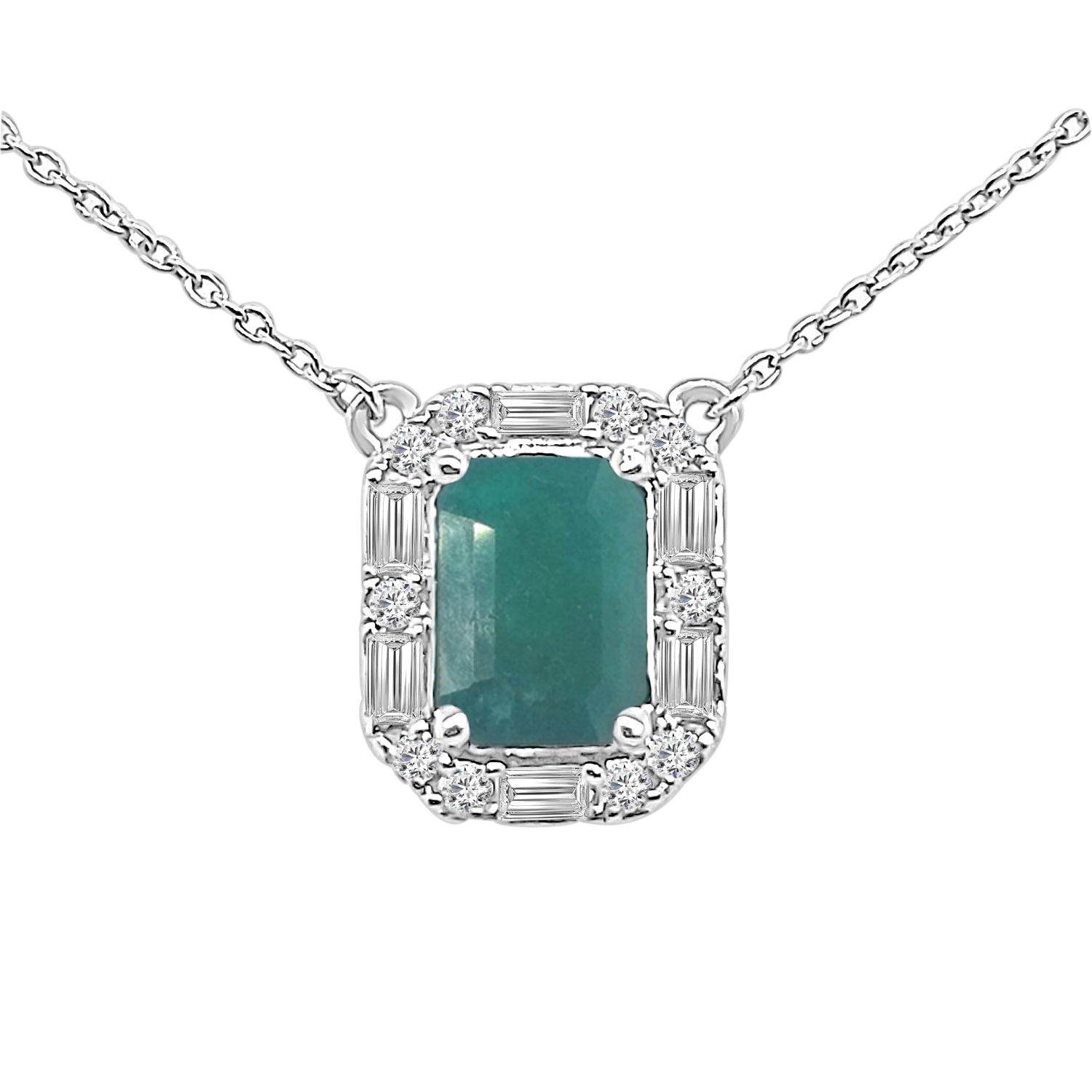 1.00 Carat Emerald Baguette Halo Necklace in 14 Karat White Gold