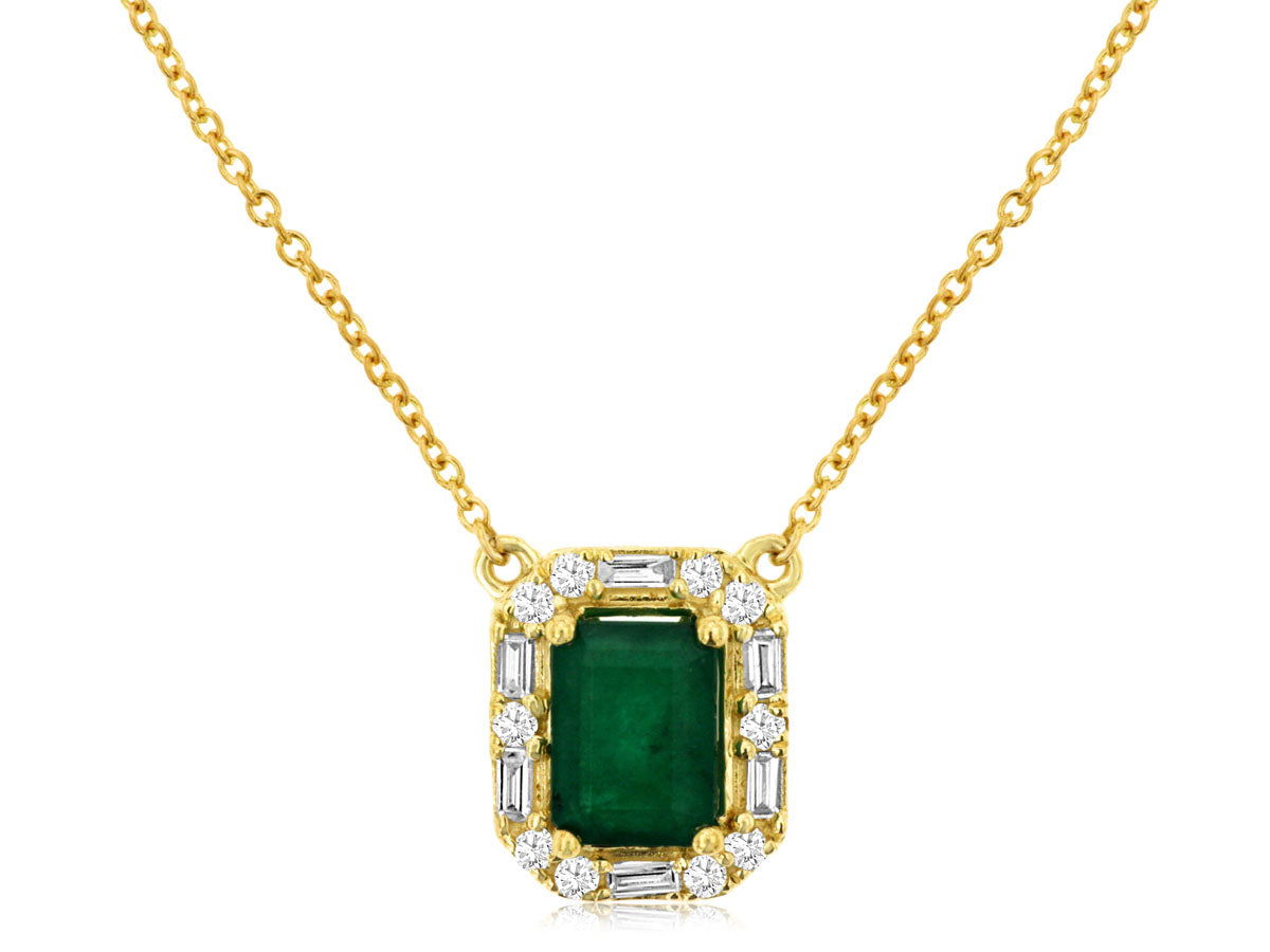 Emerald Halo Necklace in 14 Karat Yellow Gold with Emerald Shape, 1 Carat
