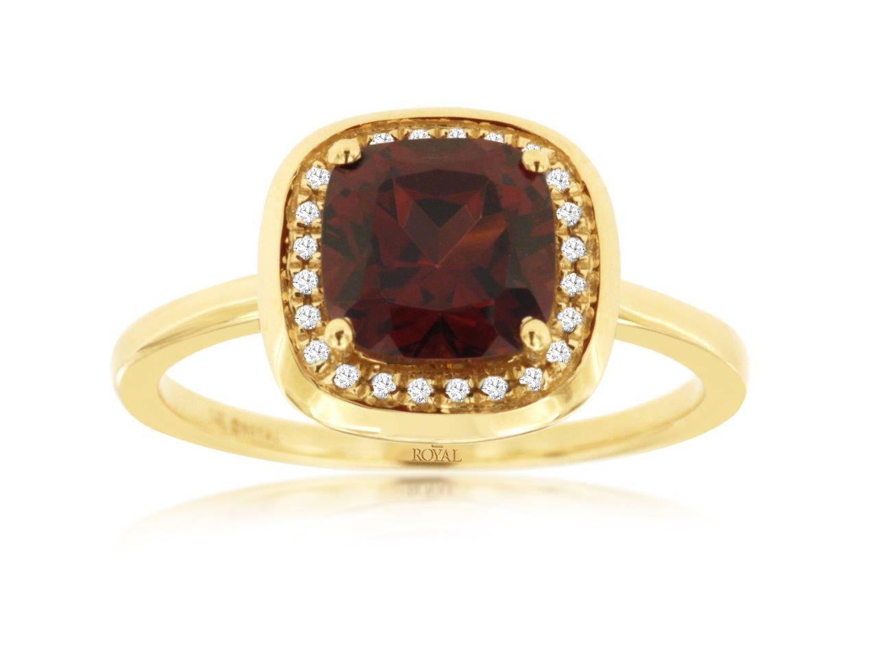 14 Karat Yellow Gold Garnet and Diamond Ring with Round Shape - Size 2