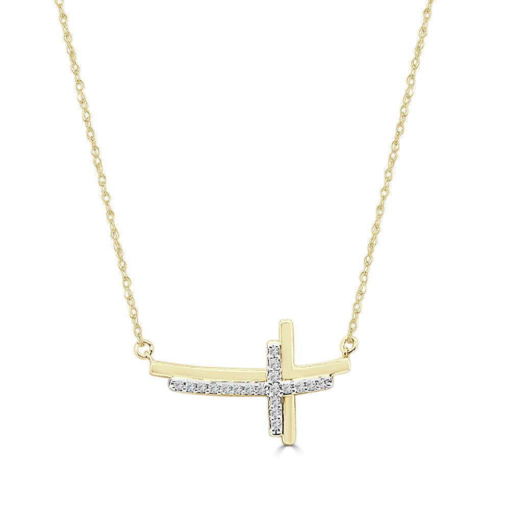 10K Yellow Gold Horizontal Diamond Cross Necklace with Round 0.10 CTW Natural Diamond