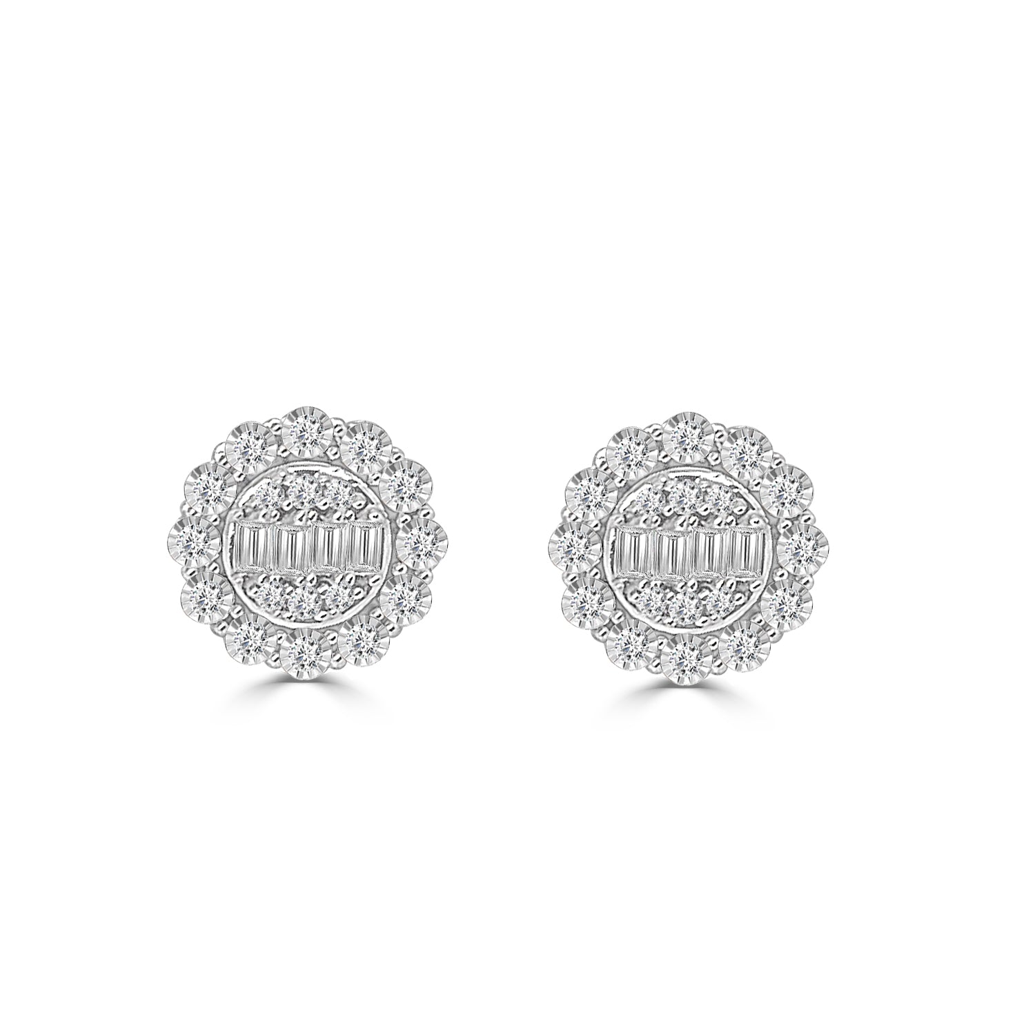 14 Karat White Gold Mosaic Round Stud Earrings with Halo featuring Natural Diamond 0.25 Carat