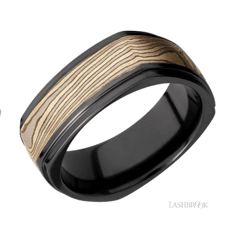 The Everlasting Union: Mokume Grooved Edge Wedding Band with Zirconium Inlay, 18k & 14k Yellow Gold, Size 10