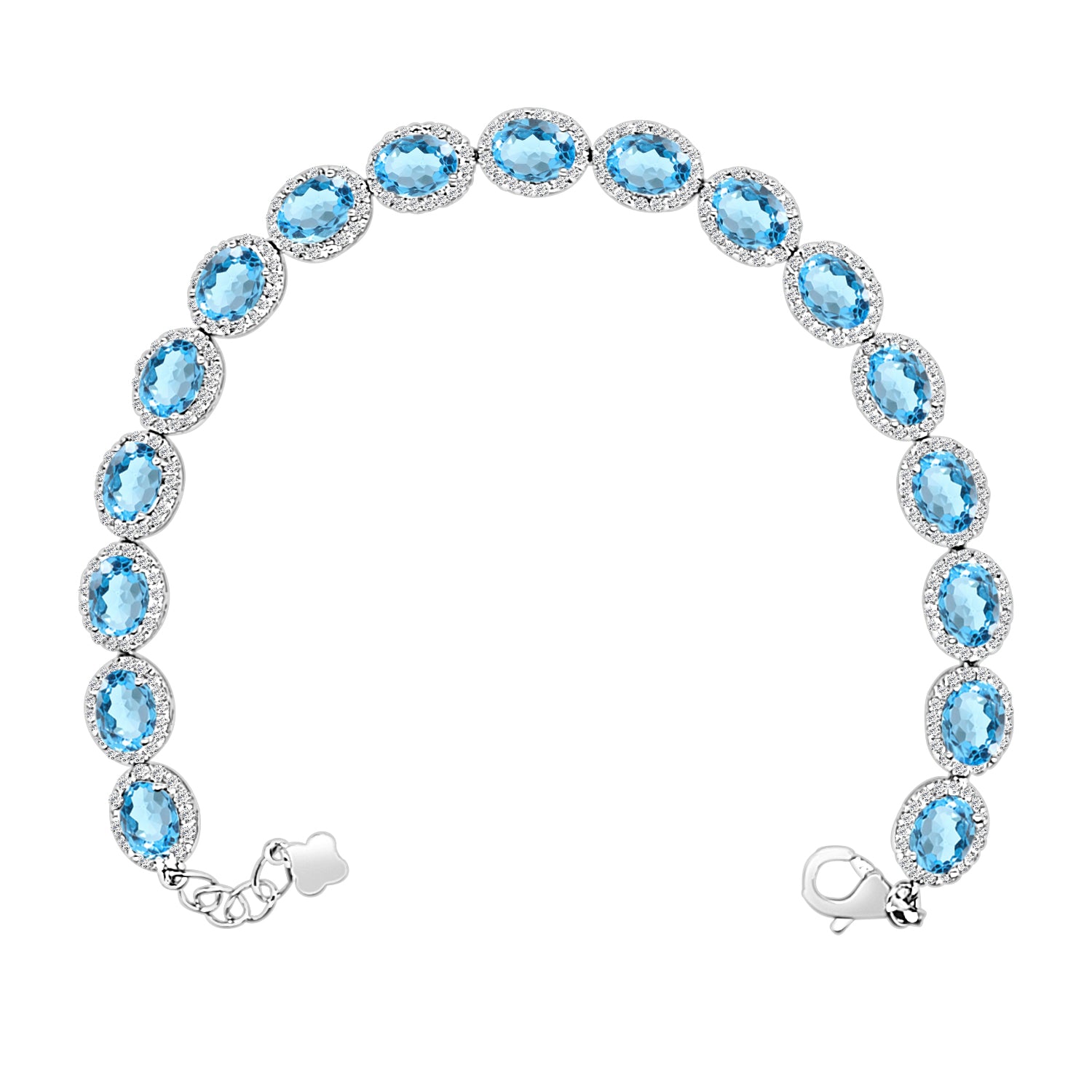 Blue Topaz Halo Link Sterling Silver Bracelet - Oval Shape 15.87