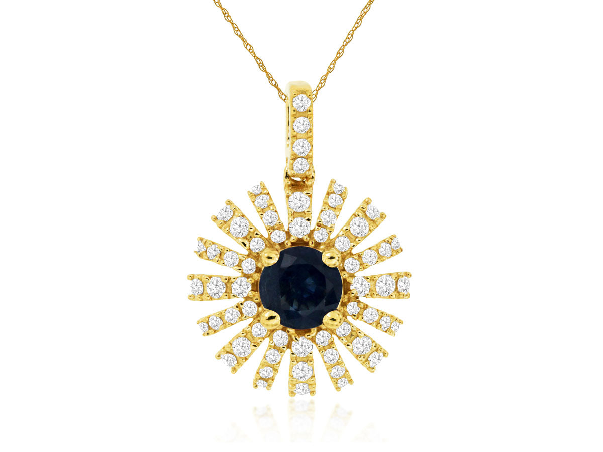 Sunburst Blue Sapphire Round Necklace in 14 Karat Yellow Gold - 0.55 Carats