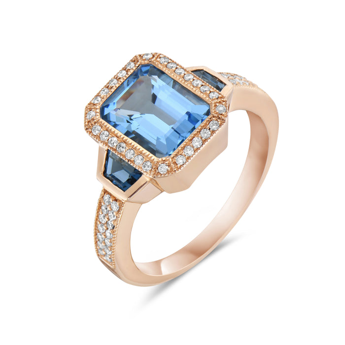 14K Rose Gold Blue Topaz 2.62ct Three Stone Halo Ring
