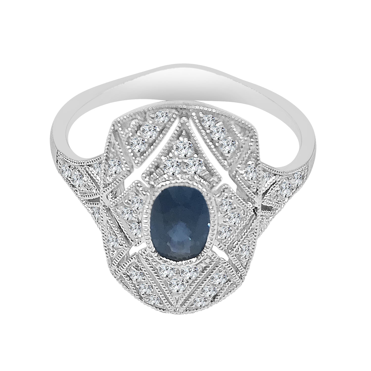14K White Gold Antique Milgrain Blue Sapphire Oval Ring - 0.60 Carats