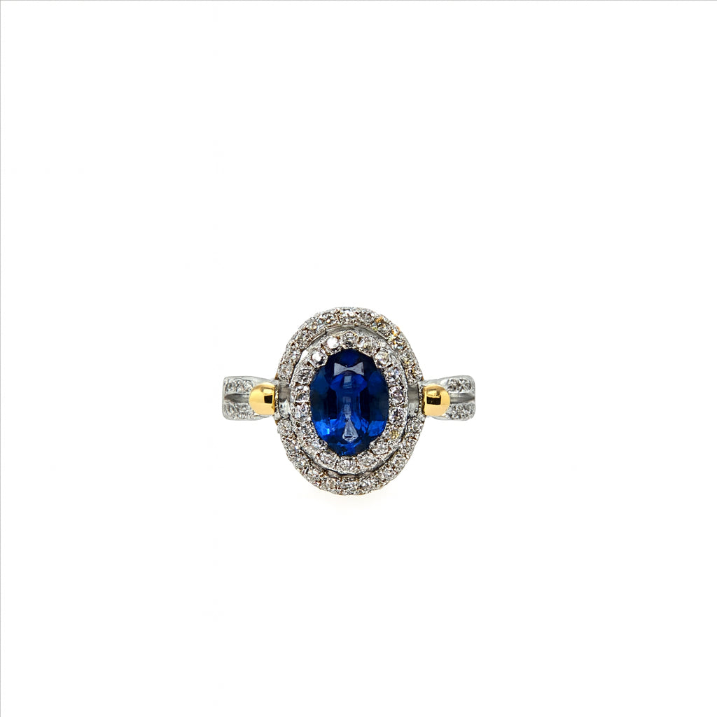 14K Two-Tone Double Halo Split Shank Ring with Blue Sapphire Oval Shape (1.62 CT)