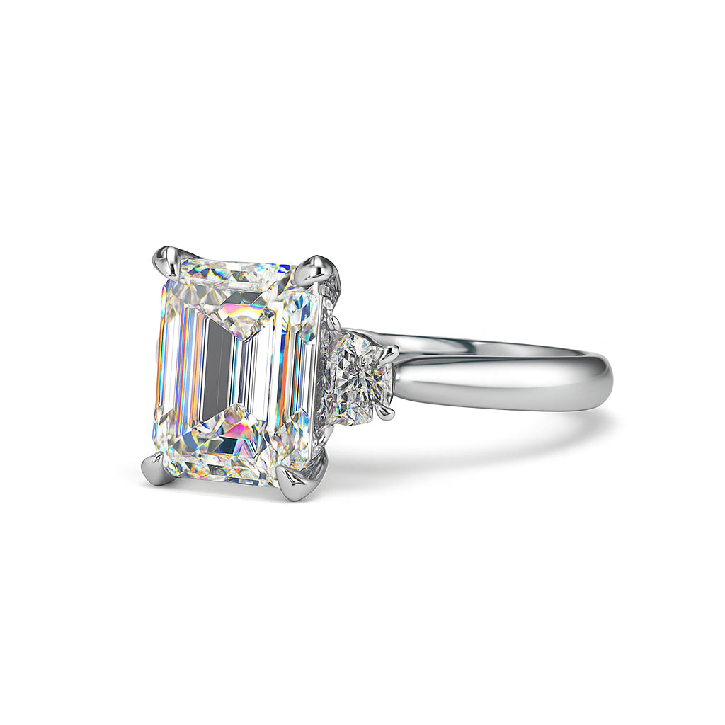Emerald Cut & Half Moon Three Stone Engagement Ring in 14 Karat White Gold with Lab Diamond – 3.10 Carats