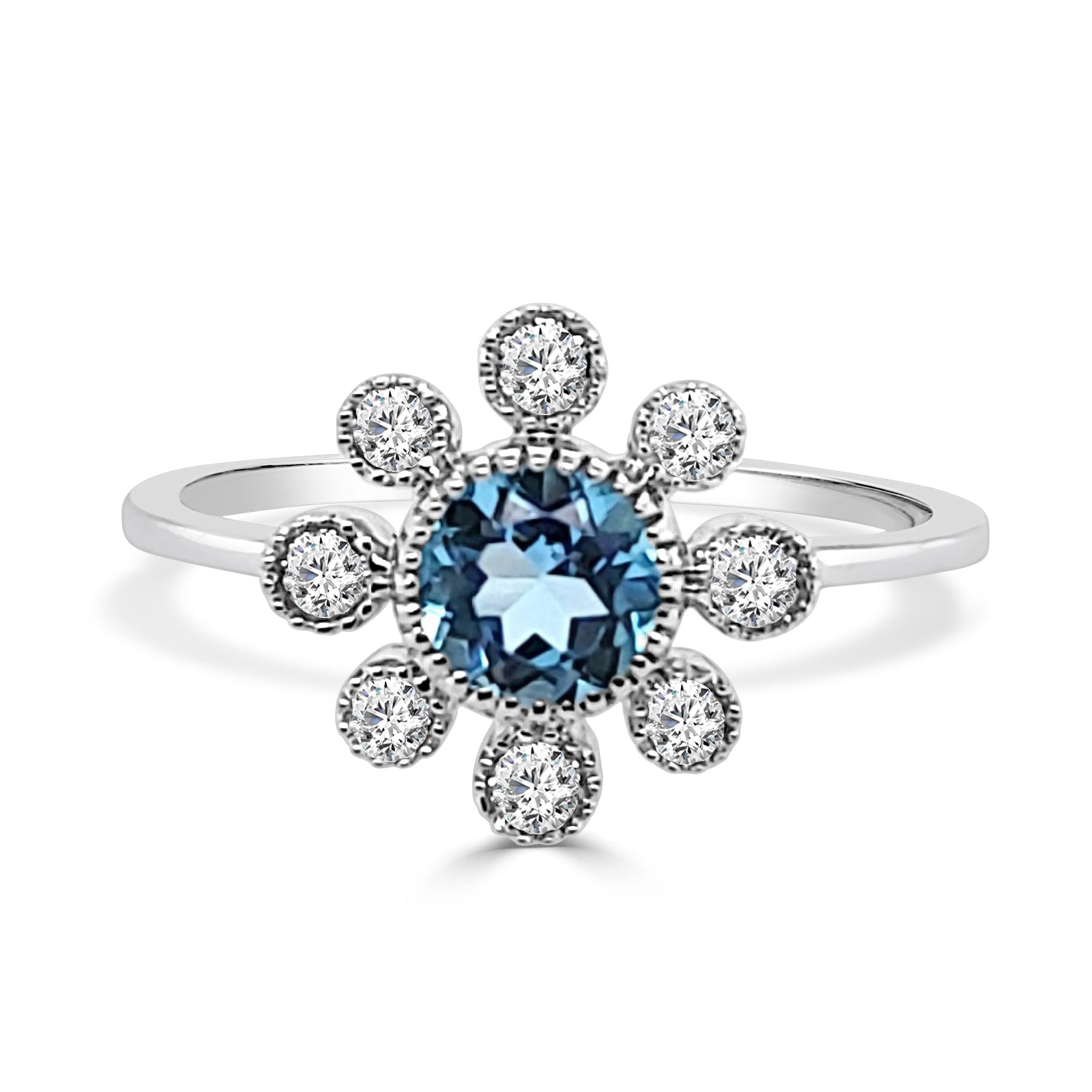 Blue Topaz Beaded Bezel Set Halo Ring in 14K White Gold - 0.55ct Round Shape