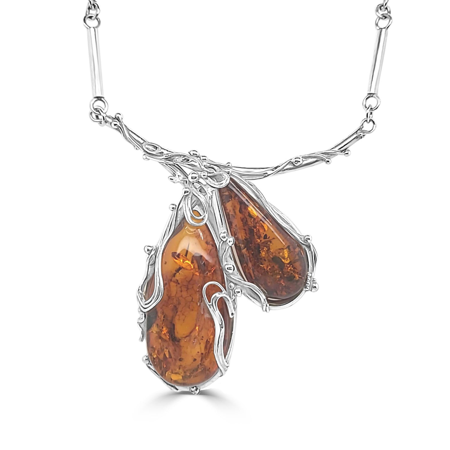 Vintage Sterling Silver Teardrop Amber Necklace - Handcrafted Estate Jewelry