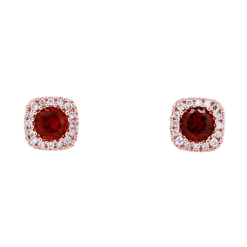 Rose Gold Garnet Stud Earrings with Diamond Halo - 10 Karat Glamour