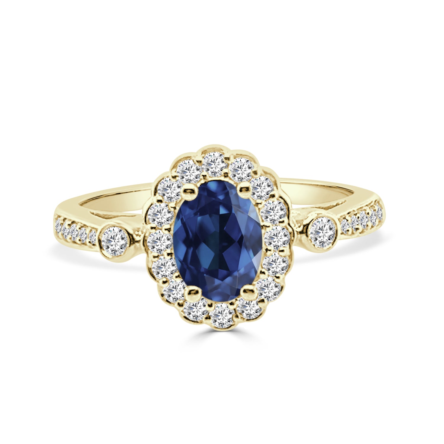 14K Yellow Gold Blue Sapphire Oval Ring with Diamond Halo - 1.00 ct