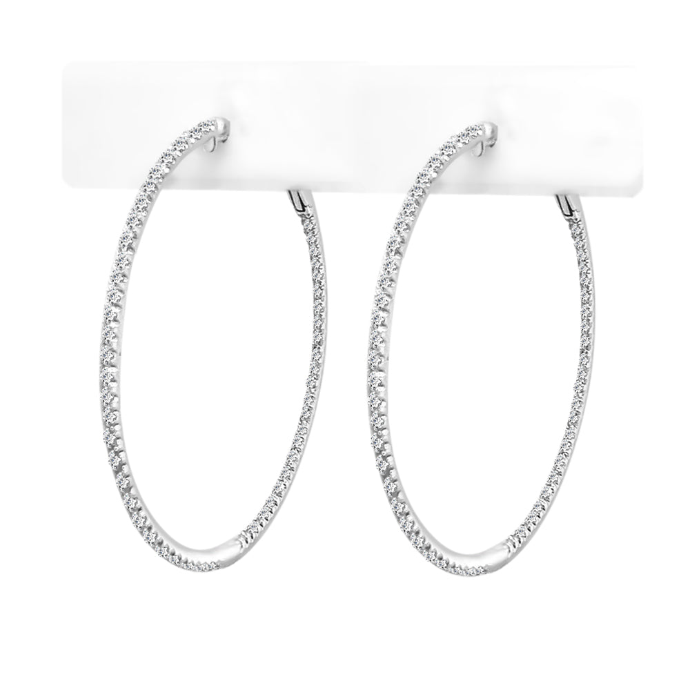 Platinum Shared Prong Diamond Hoop Earrings - 0.99 ct Natural Round Cut Diamonds