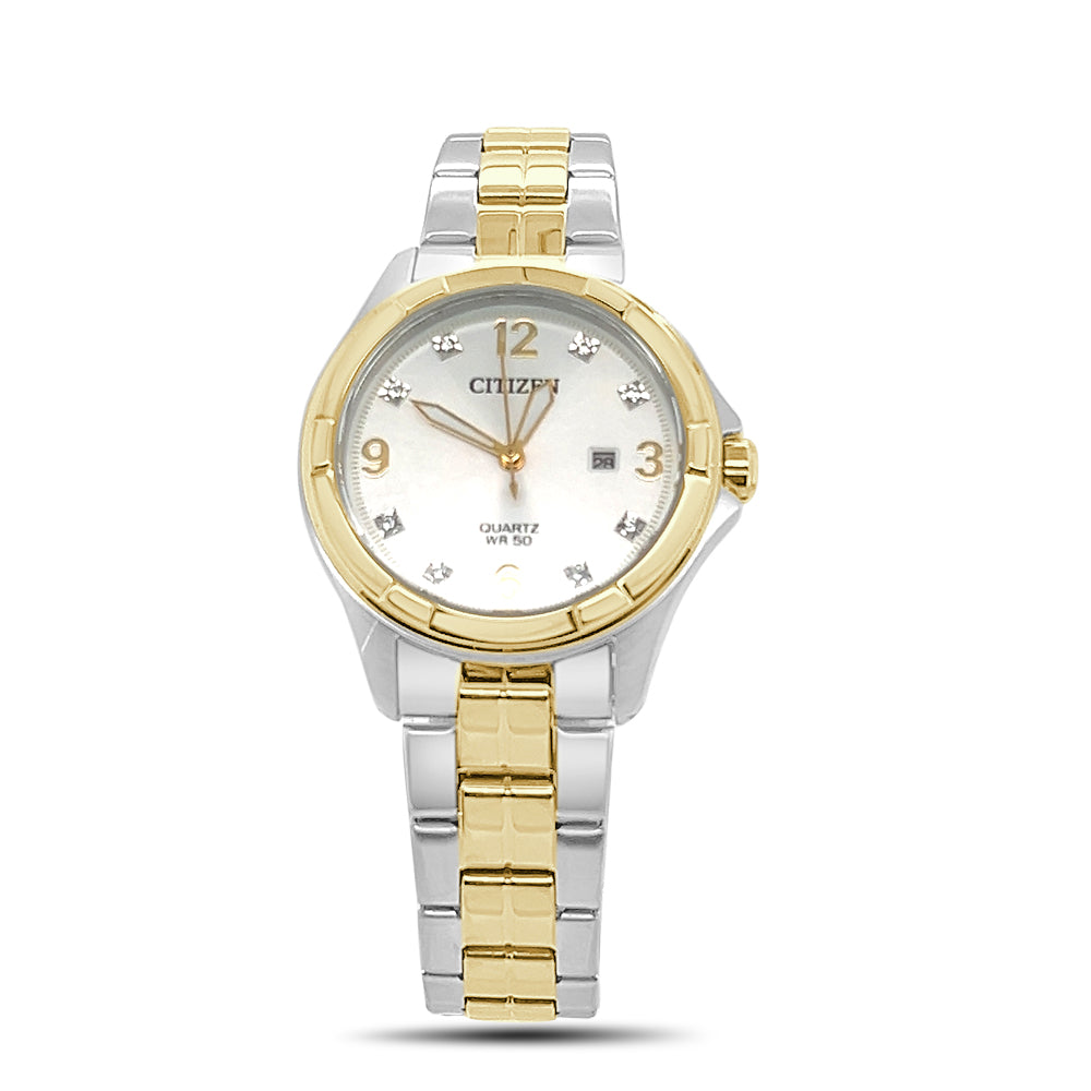 Citizen Ladies Quartz White Dial Watch with Crystal Markers and Stainless Steel Band