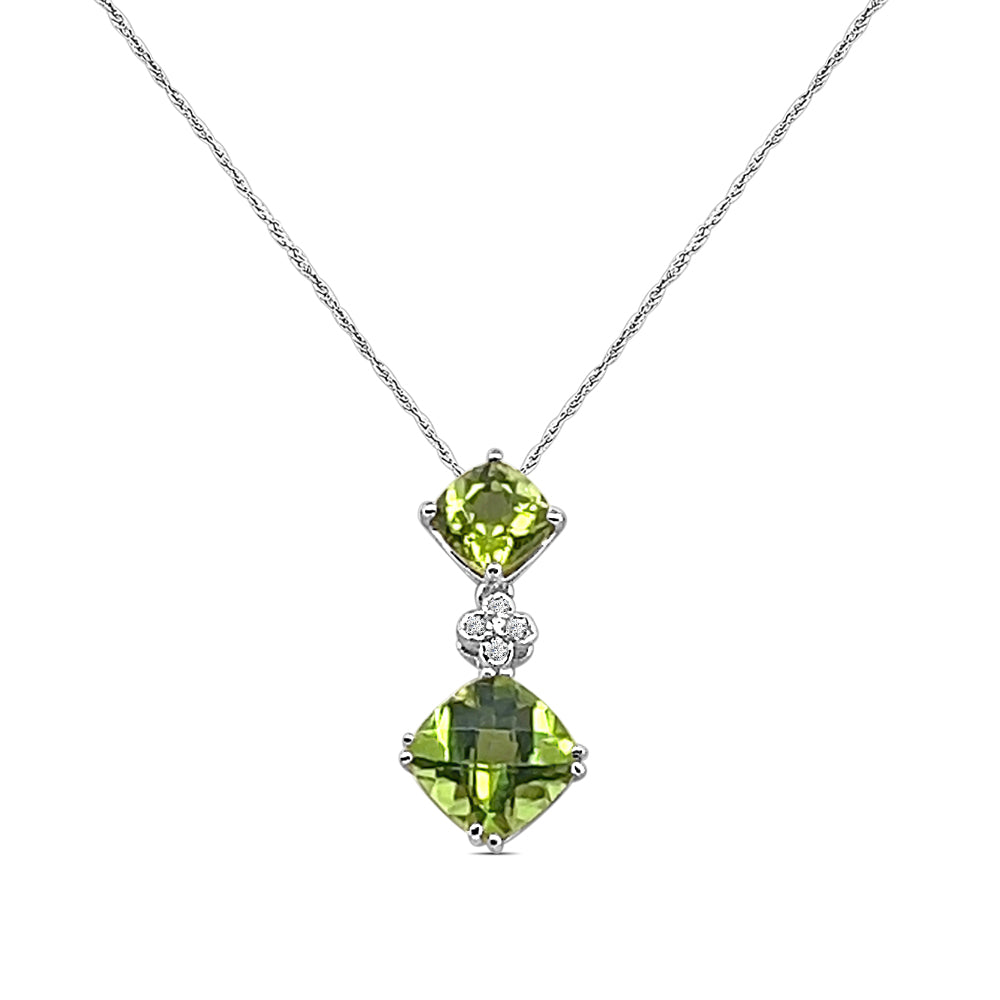 14K Yellow Gold Peridot Clover Necklace with Diamond Pendant - Cushion Shape 3.25 Carats