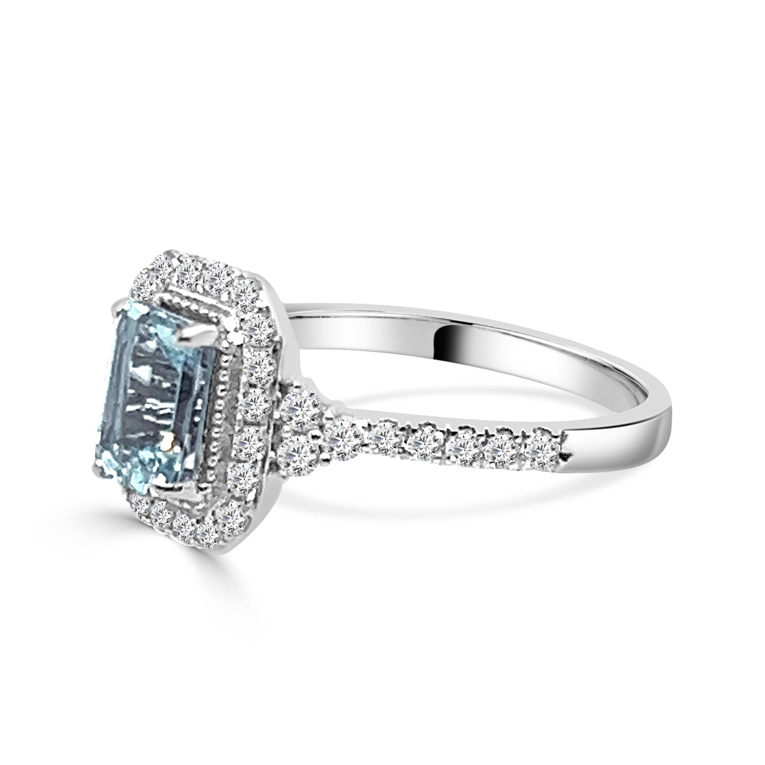 Emerald-Cut Aquamarine and Diamond Halo Ring in 14K Yellow Gold (0.86 ct)