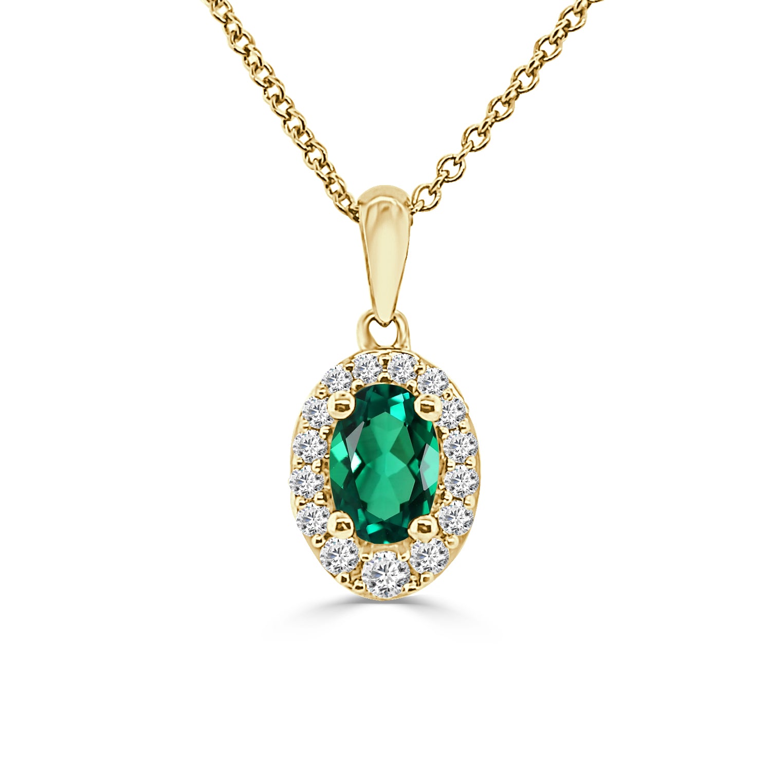 0.50 ct Oval Emerald Diamond Halo Necklace in 14K Yellow Gold