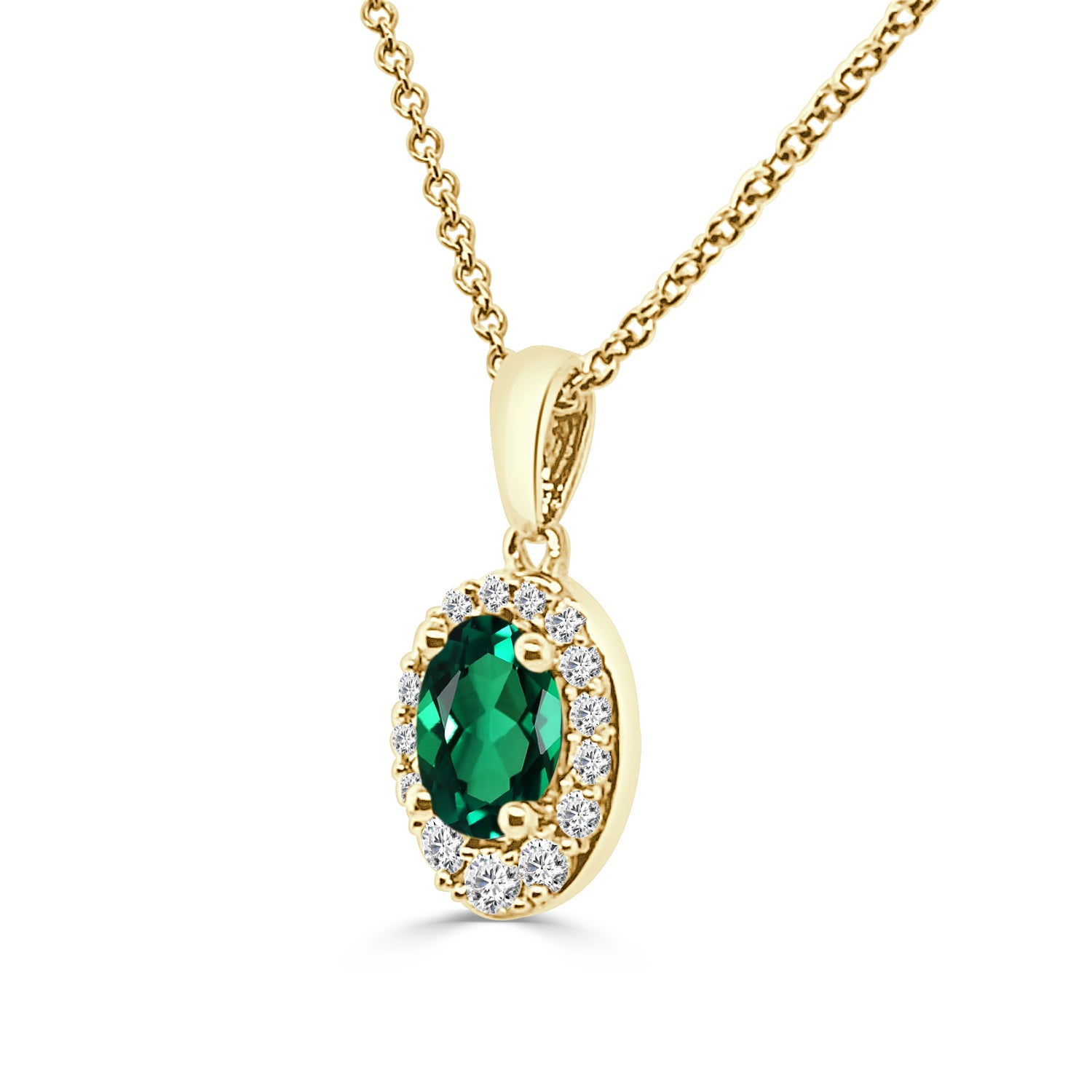 0.50 ct Oval Emerald Diamond Halo Necklace in 14K Yellow Gold