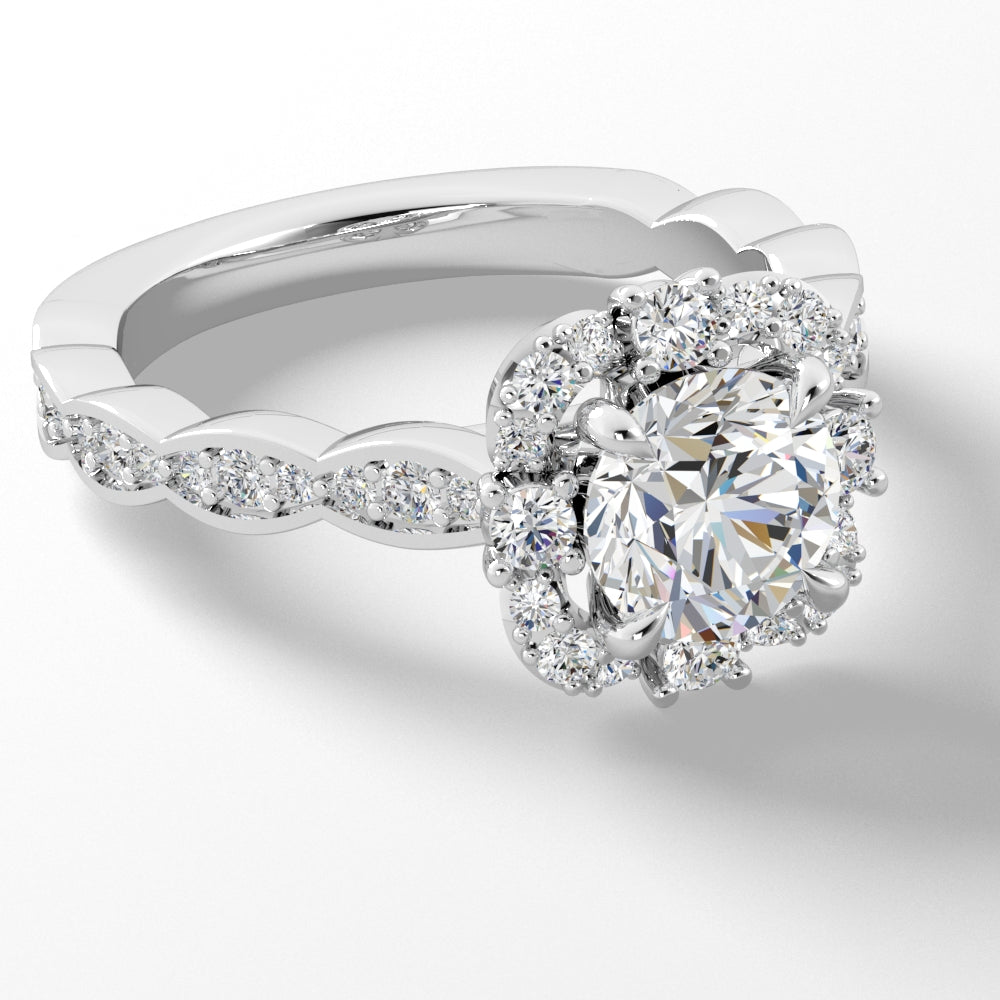 Platinum Unique Halo Engagement Mounting with Scalloped Band