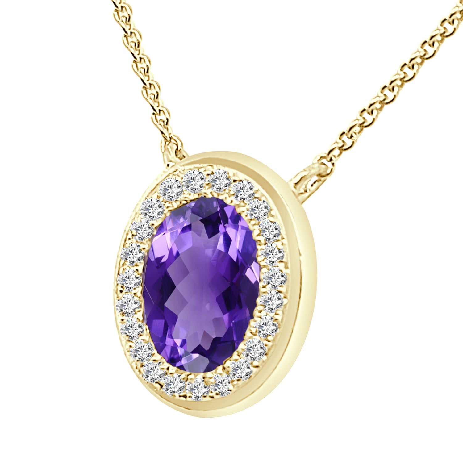 Brushed Oval Halo Amethyst Necklace in 14 Karat Yellow Gold - 1.52 carats