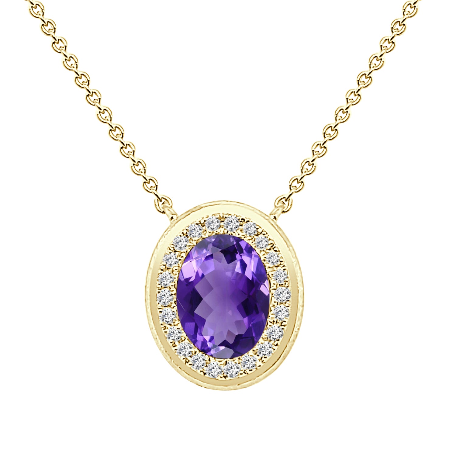 Brushed Oval Halo Amethyst Necklace in 14 Karat Yellow Gold - 1.52 carats