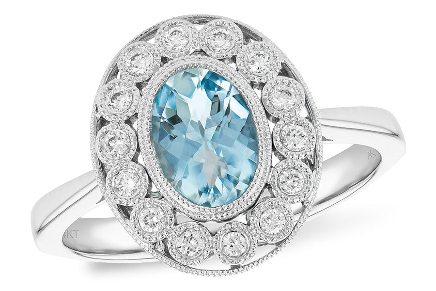 14K White Gold Oval Aquamarine Ring with Bezel Setting and Textured Detailing