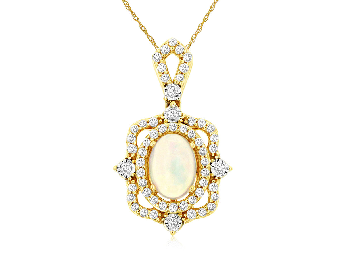 Oval Opal and Diamond Pendant Necklace in 14 Karat Yellow Gold - 0.50 Carat