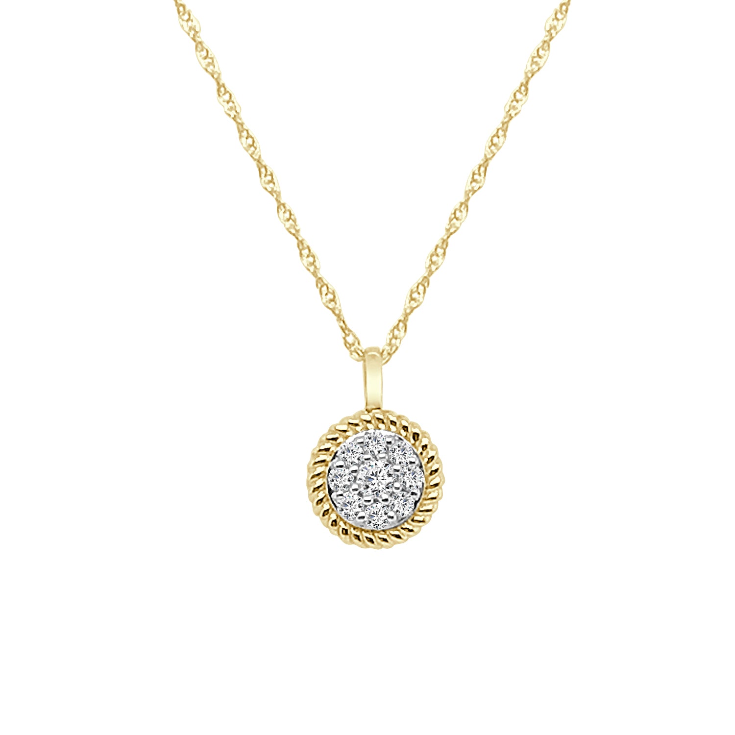 Rope Halo Cluster Circle Necklace in 10 Karat Yellow Gold with Natural Diamond 0.15 Carat