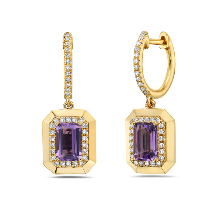 14K Yellow Gold Amethyst Emerald and Diamond Drop Earrings, 1.06 ct