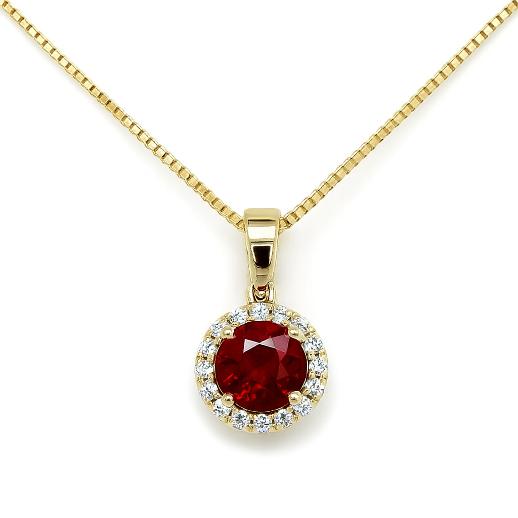 Radiant Halo Ruby Necklace in 14 Karat Yellow Gold - Round Shape, 0.57 carats