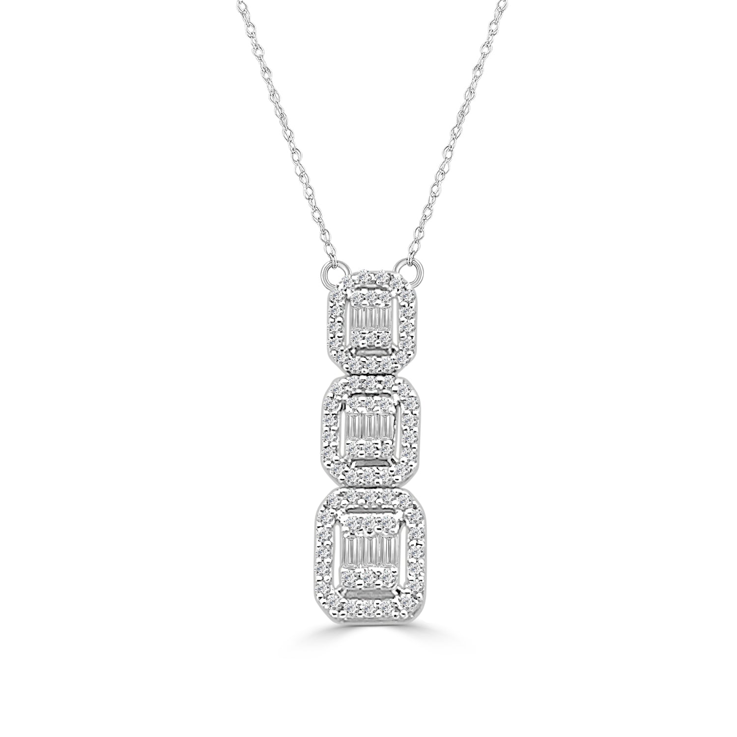14K White Gold Three Stone Halo Diamond Necklace - 0.38 Ct Natural Diamond