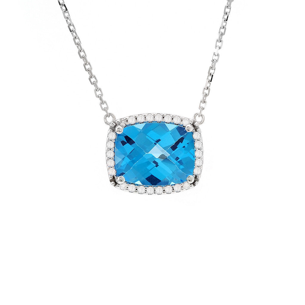 Blue Topaz Halo Necklace in 14 Karat White Gold - 3.25 Carat Brilliance
