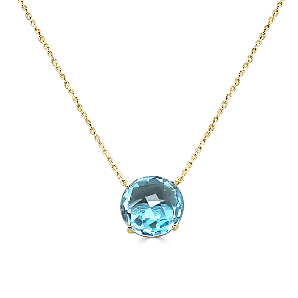 14K Yellow Gold Swiss Blue Topaz Round Shape Necklace - 8.00 Carats