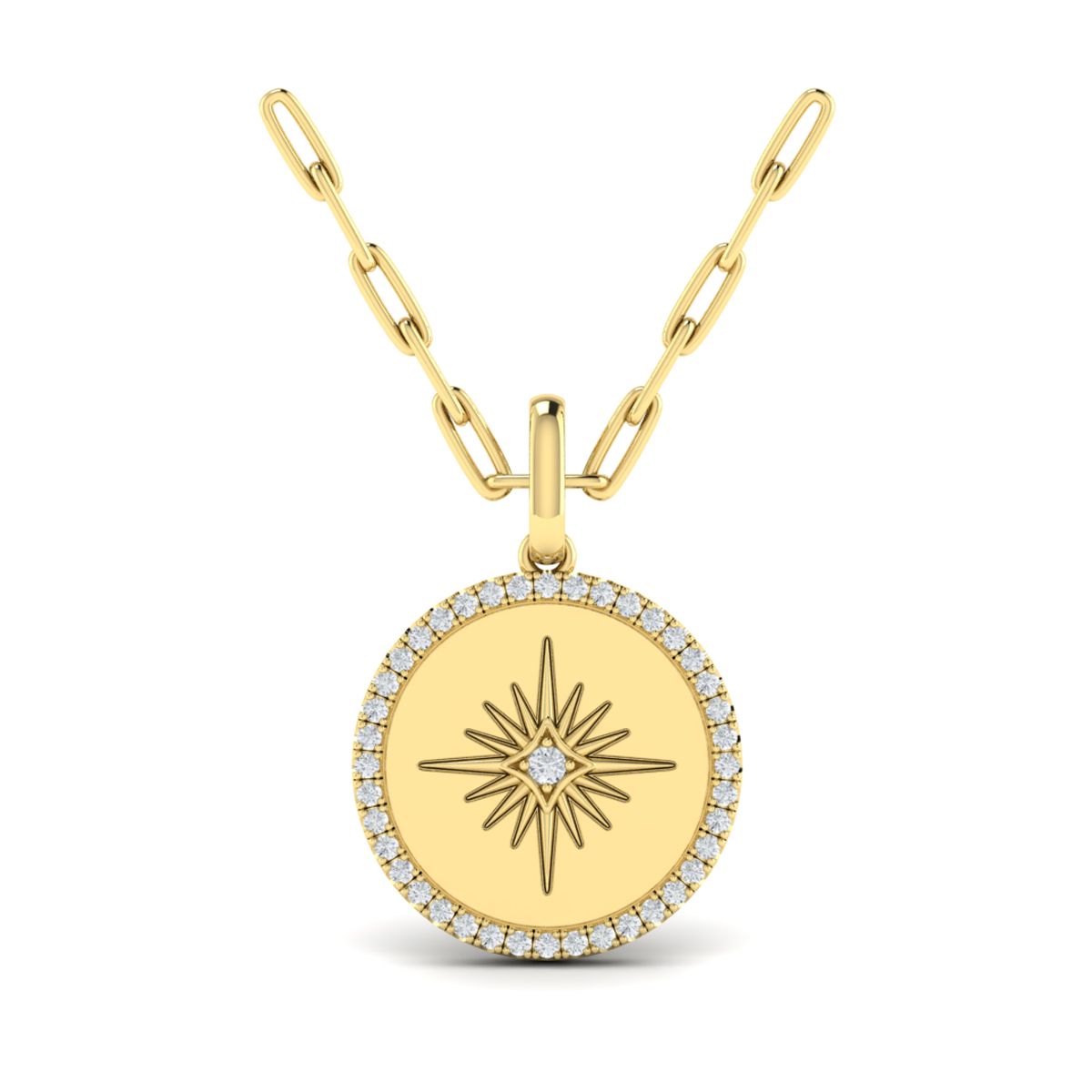 14K Yellow Gold Diamond Starburst Necklace with 0.23 Ct Round Halo Disc