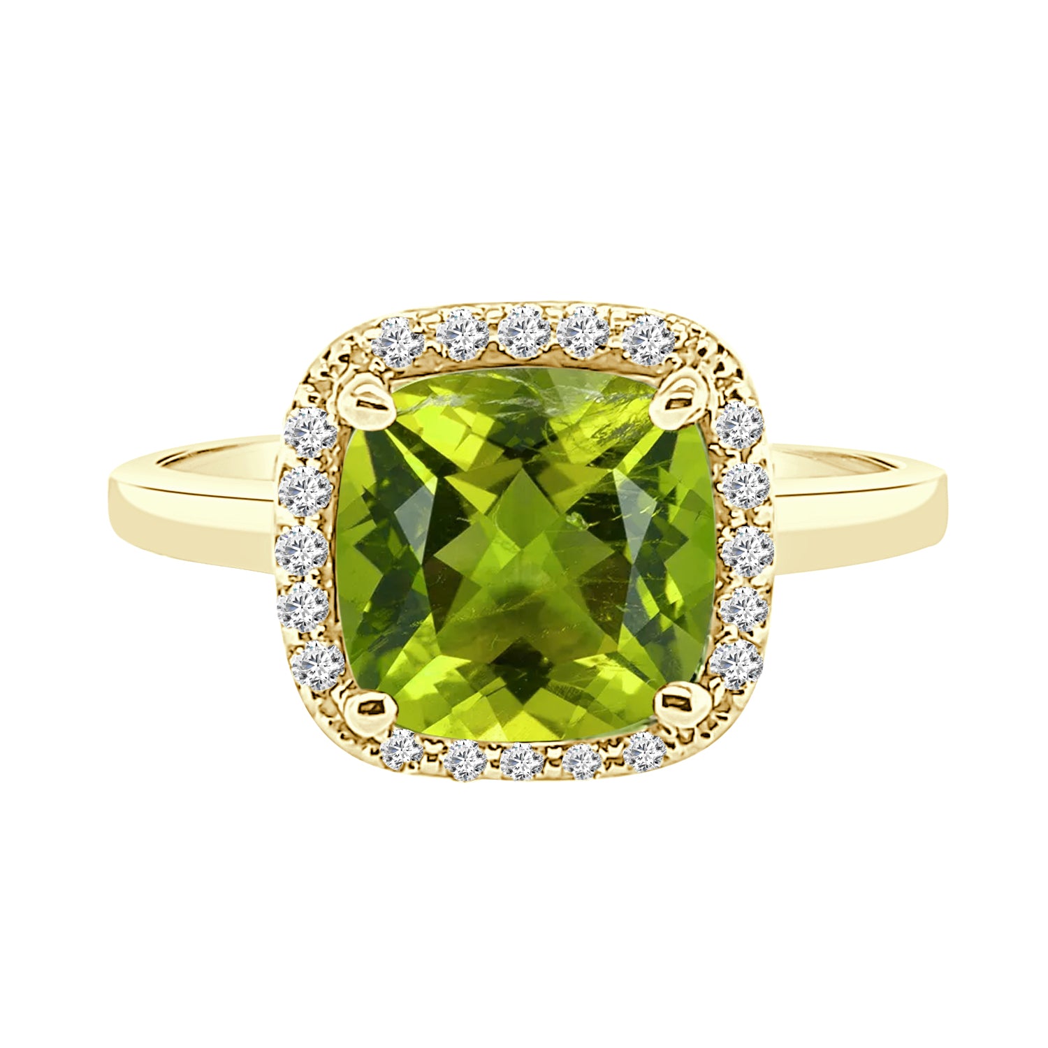 Checkerboard Cushion Halo Peridot Ring in 14 Karat Yellow Gold - 2.10 Carat