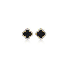 Gold Plated Sterling Silver Clover Halo Stud Earrings with Onyx Detail