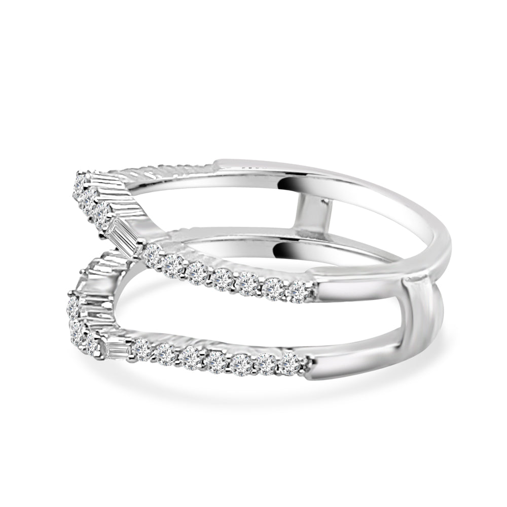 14K White Gold Wedding Band with Round and Emerald Cut Bowed Natural Diamond - 0.50 ct