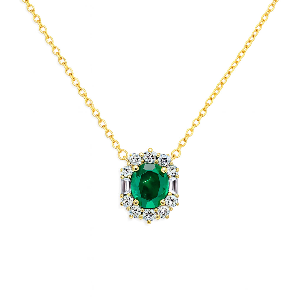 Halo Emerald Oval Necklace in 14 Karat Yellow Gold - 1.10 Carat