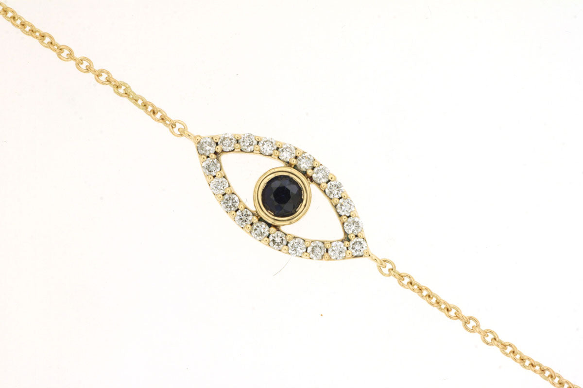 14 Karat Yellow Gold Evil Eye Bracelet with Blue Sapphire - Round Shape 0.14ct