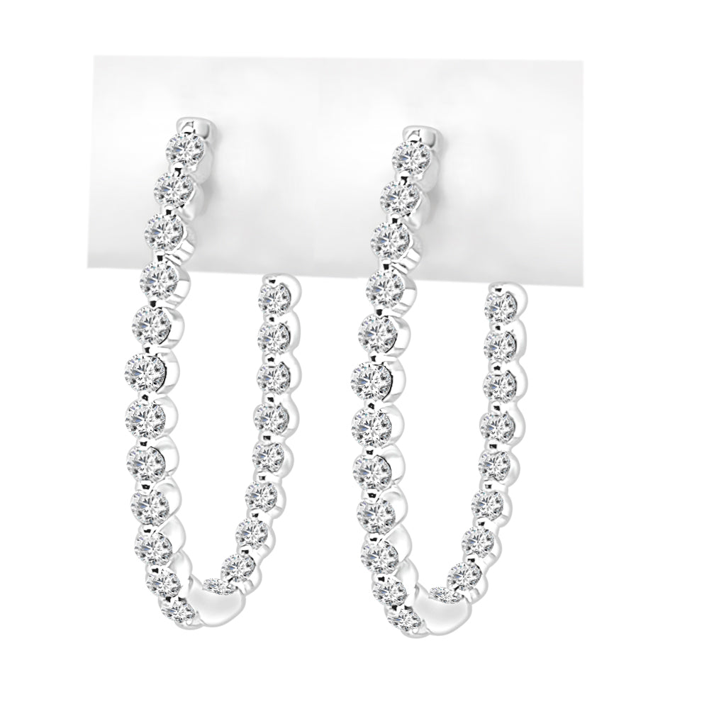 14K White Gold Oval Inside/Out Diamond Hoop Earrings - Round 1.50ct Natural Diamonds