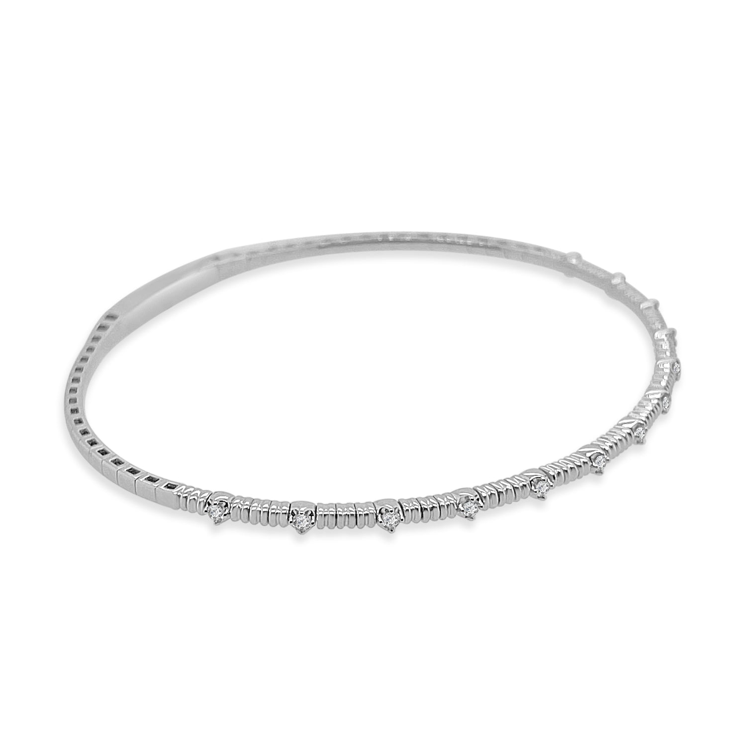 14K White Gold Textured Station Flex Bangle Bracelet with Natural Diamond Accent (0.19 ct)