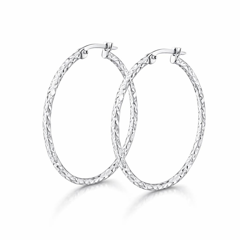 14 Karat White Gold Diamond Cut Textured Earrings