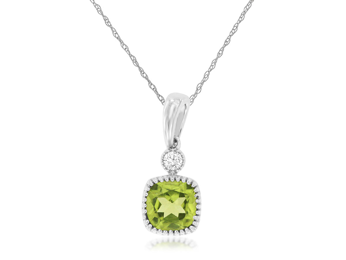 14 Karat White Gold Peridot and Diamond Cushion Shape Necklace Pendant - 0.61 ctw