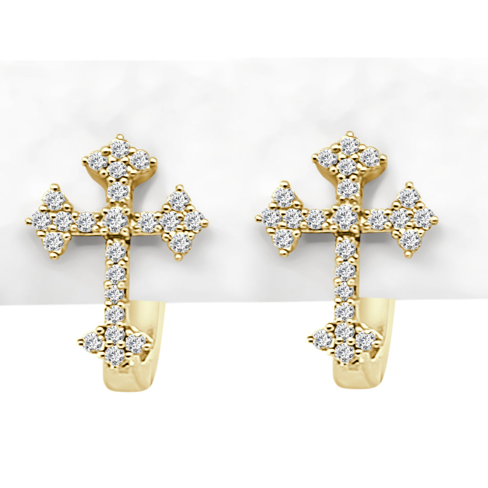 10K Yellow Gold Cross Earrings with 0.25 Carat Natural Round Diamond