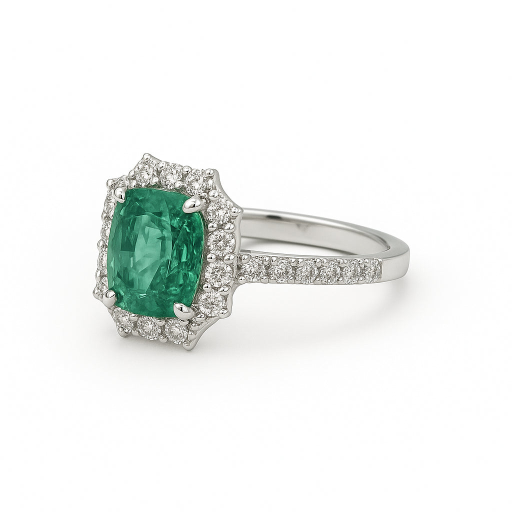 Stunning 2.20 Carat Cushion Cut Emerald Ring with Diamond Halo in 18K White Gold