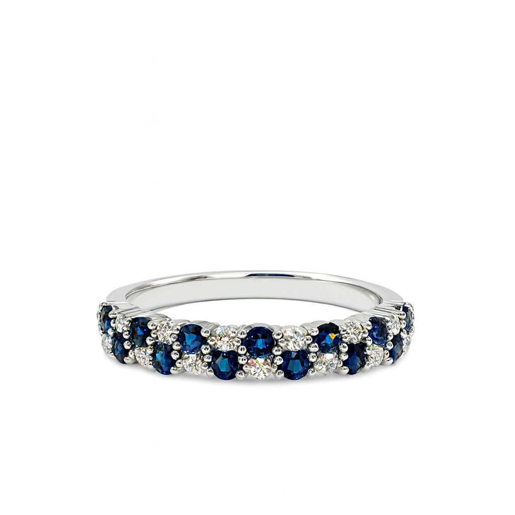 Blue Sapphire and Diamond Two Row Band in 14 Karat White Gold with 1.00 ct Round Blue Sapphire