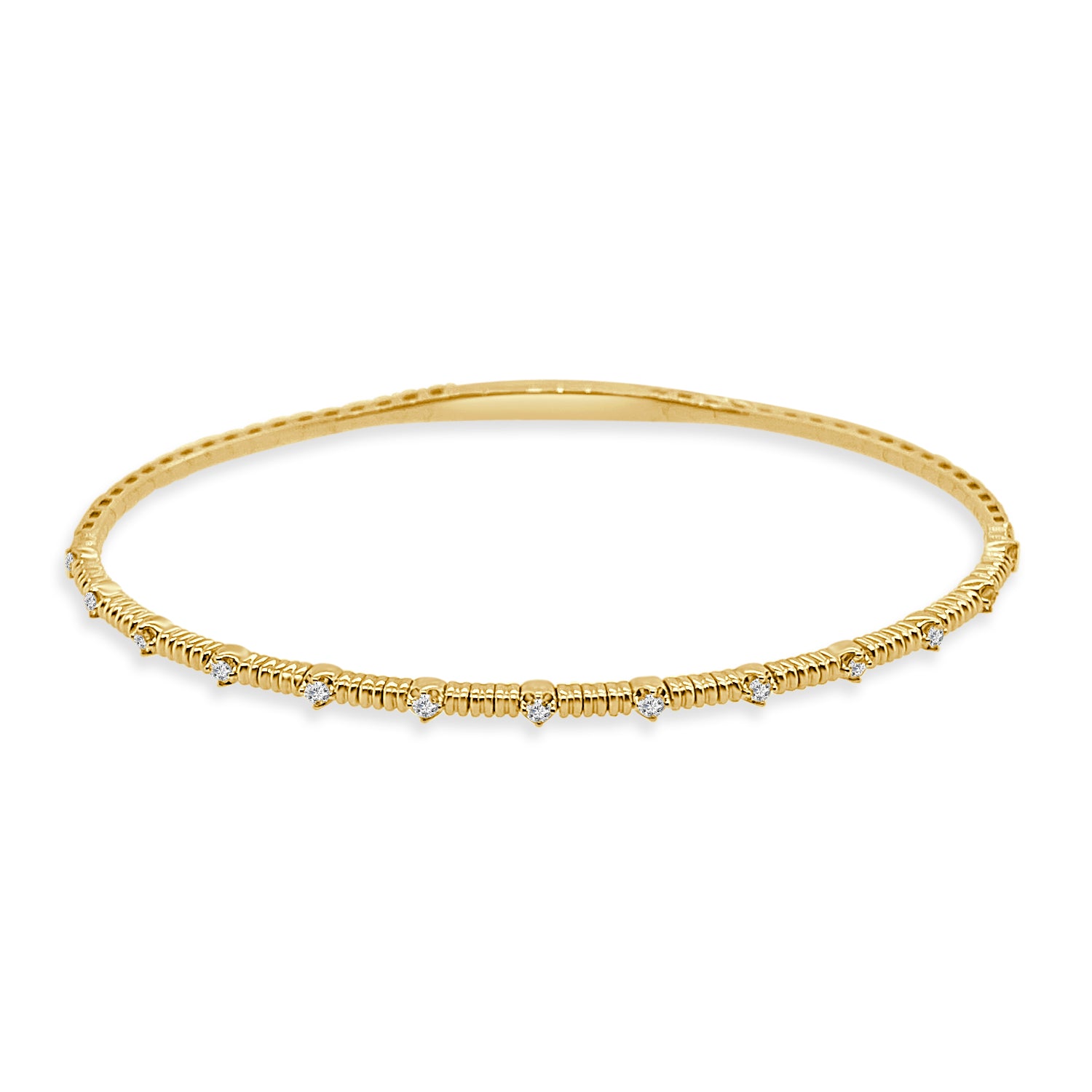 14K Yellow Gold Textured Station Flex Bangle Bracelet with 0.19 Ct Natural Diamond