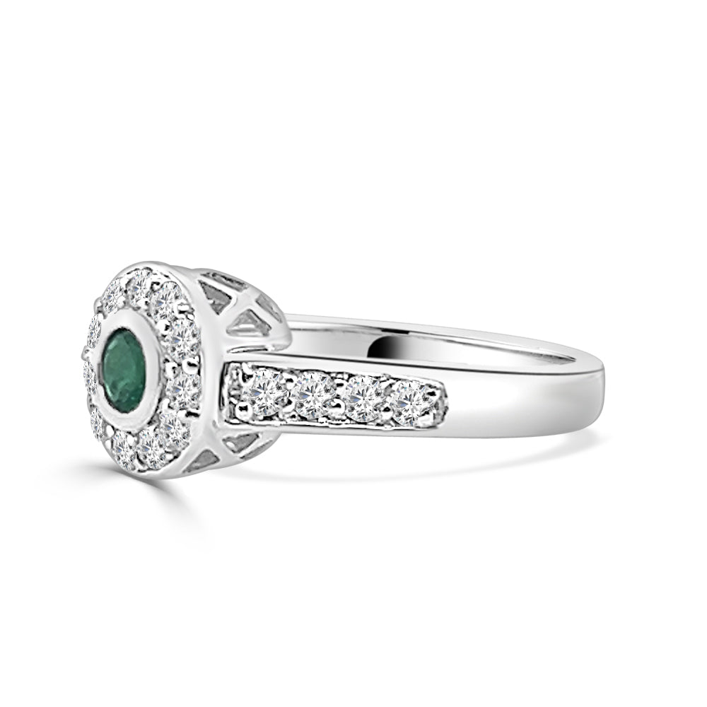 Emerald and Diamond Bezel Set Ring in 14 Karat White Gold - Round Shape 0.30 ct