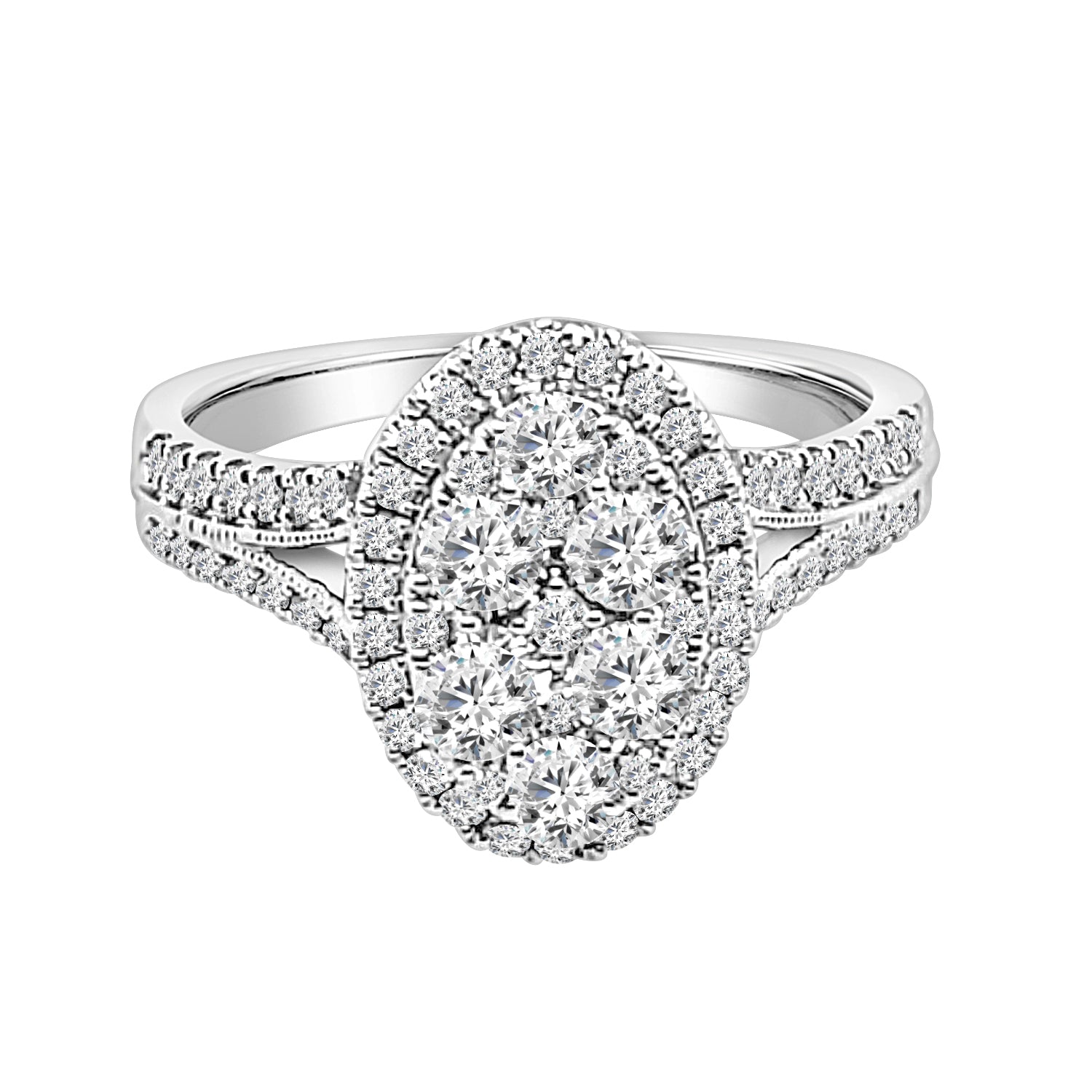 1.00 ct Natural Diamond Split Shank Cluster Oval Engagement Ring in 14K White Gold